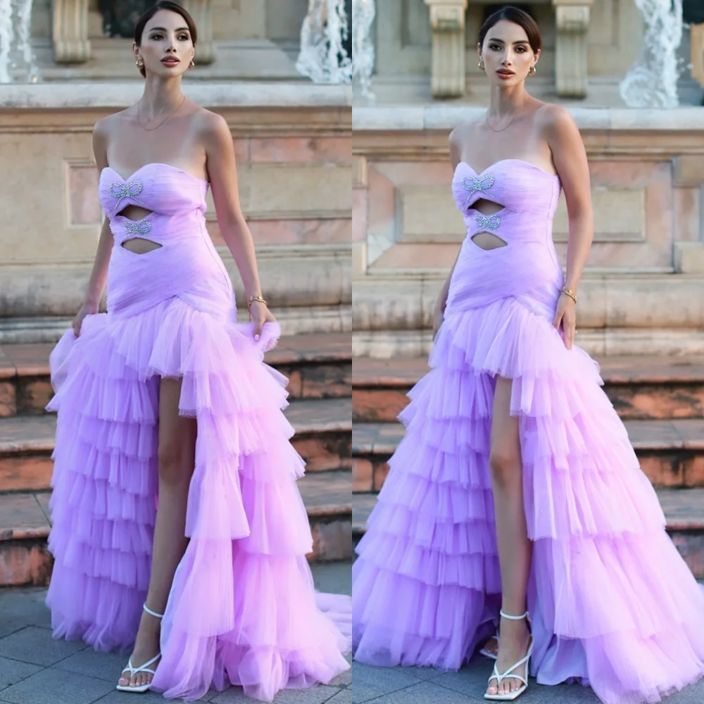 

Очаровательное фиолетовое тюлевое вечернее платье по индивидуальному заказу, модные платья знаменитостей без бретелек без рукавов, изысканные платья для особых случаев