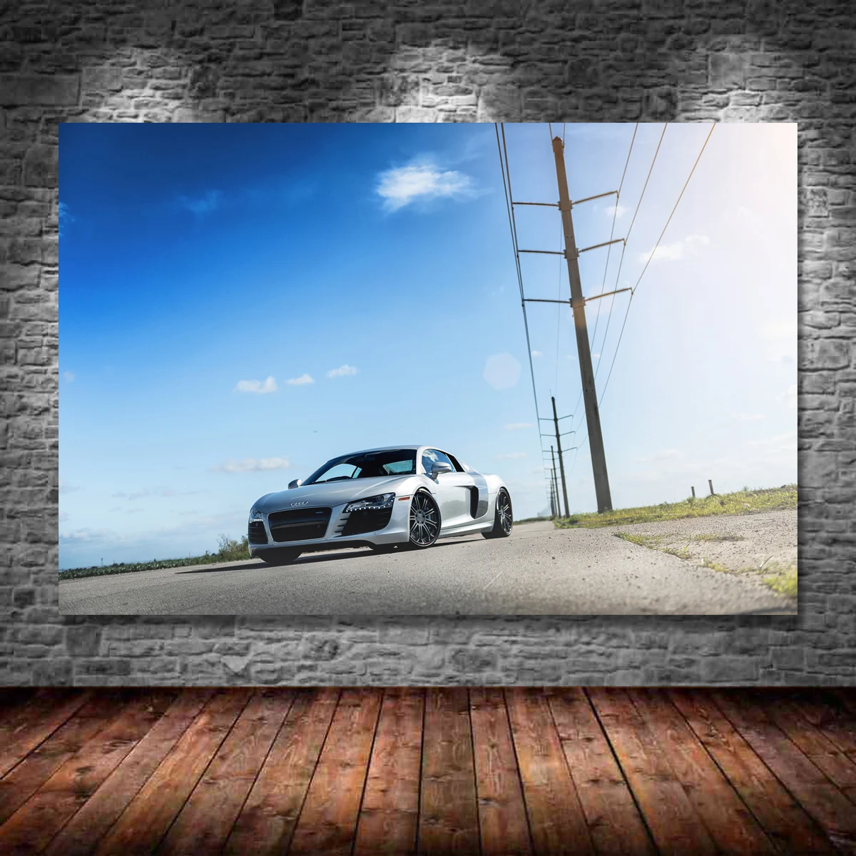 Supercar Audis R8 Silver Car Blue Sky Wallpaper Vehicle Posters Wall Art Prints Canvas Modern Painting for Home Room Decor