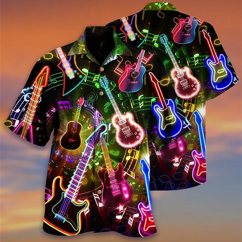 

Guitar Bass Pattern Hawaiian Shirt For Men Instrument 3D Print Blouse Summer Casual Lapel Tops Loose Aloha Shirts Short Sleeves