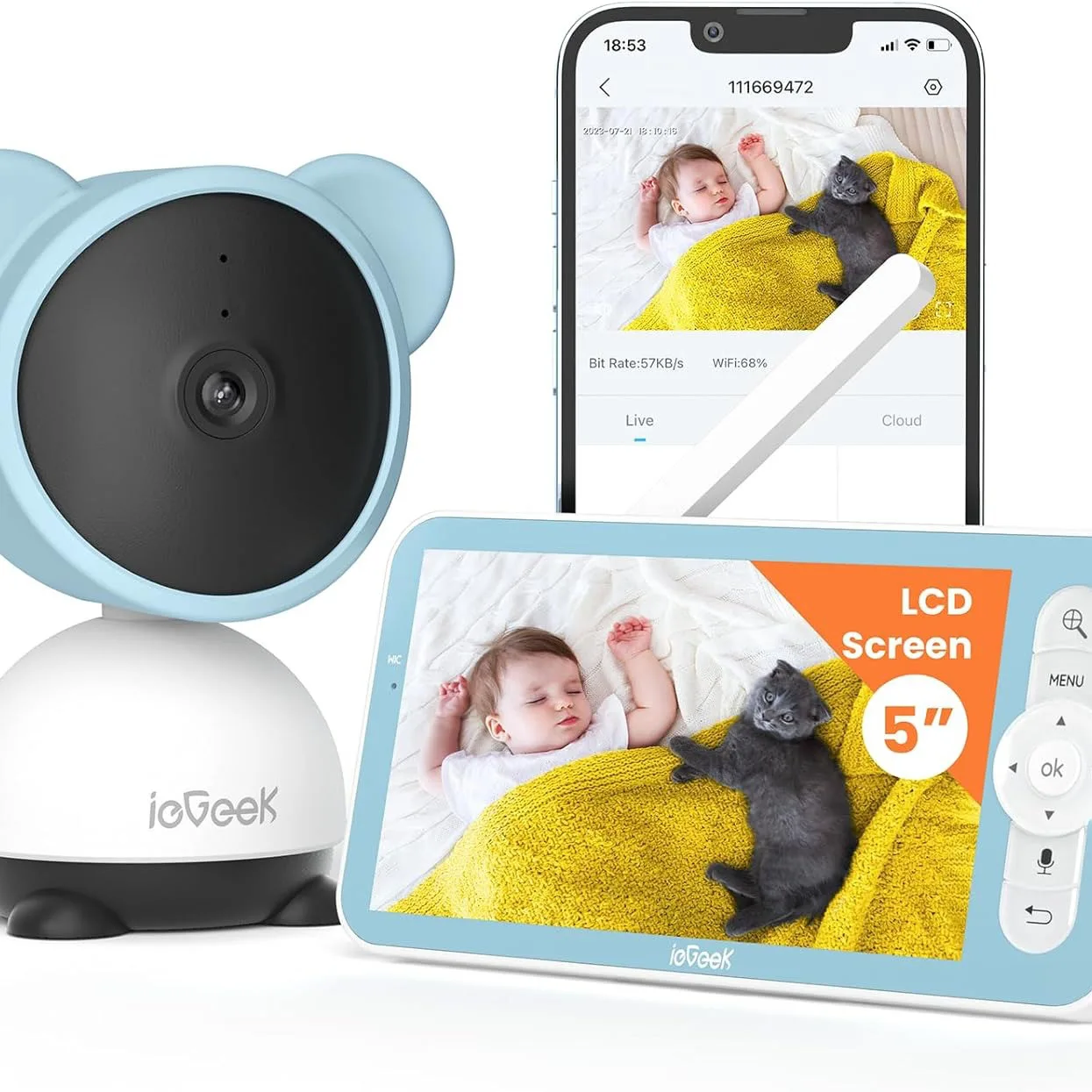 ieGeek 5'' Baby Monitor Video & Audio,080P Kids Camera with Monitor with Motion & Sound Detection, 360° PTZ, 2-way Audio Camera