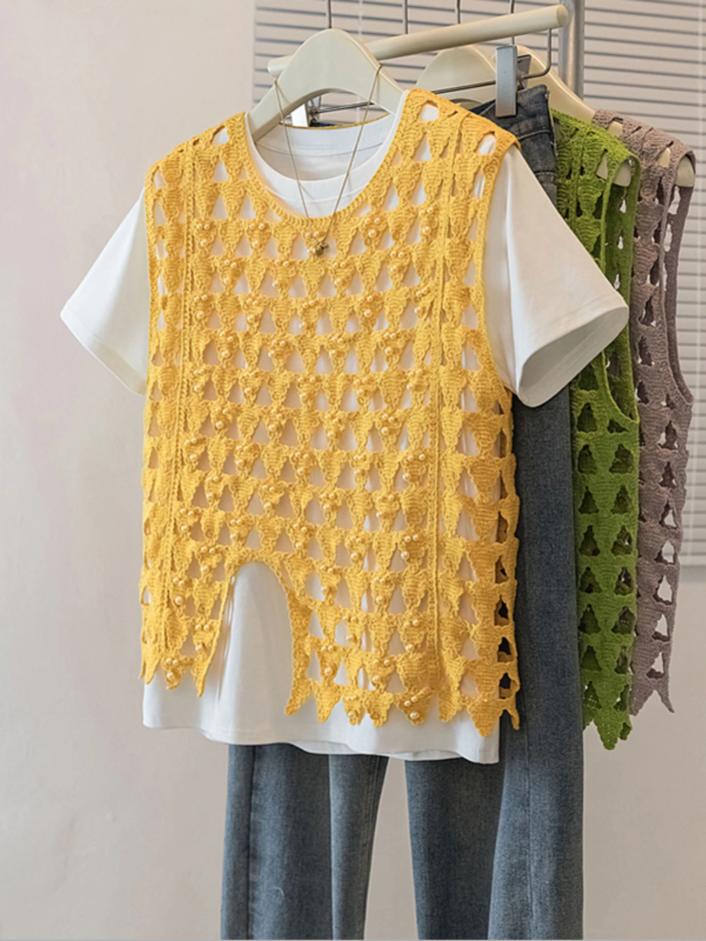 

Dopamine Summer Outfit Set Women's plus Size Micro Fat MM Hollow Layered Vest Cover up T-Shirt Top Two-Piece Set Commute Style