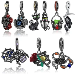 New Gothic Style 925 Sterling Silver Black Spider&Red Rose Skull&Scorpion&Death Dangle Charm Fit DIY Bracelet Dark Jewelry
