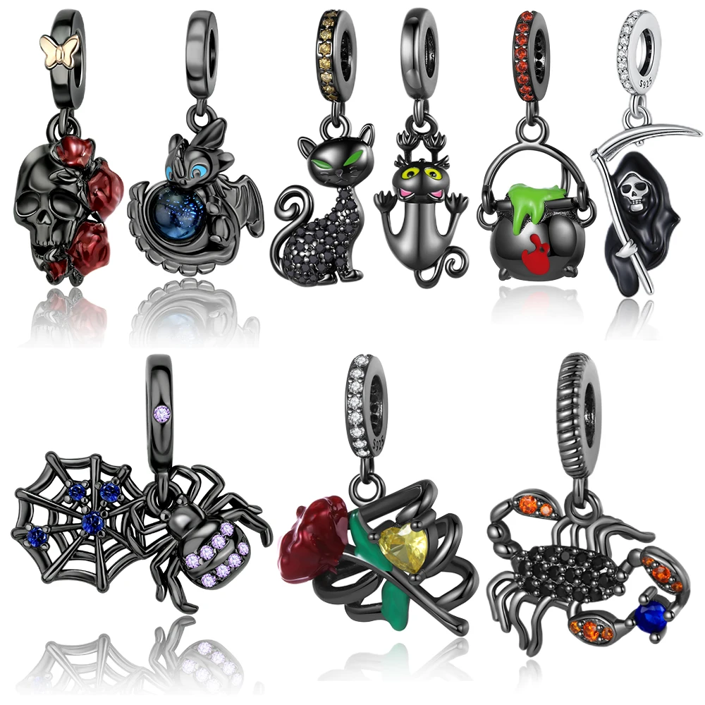 New Gothic Style 925 Sterling Silver Black Spider&Red Rose Skull&Scorpion&Death Dangle Charm Fit Pandora Bracelet Dark Jewelry