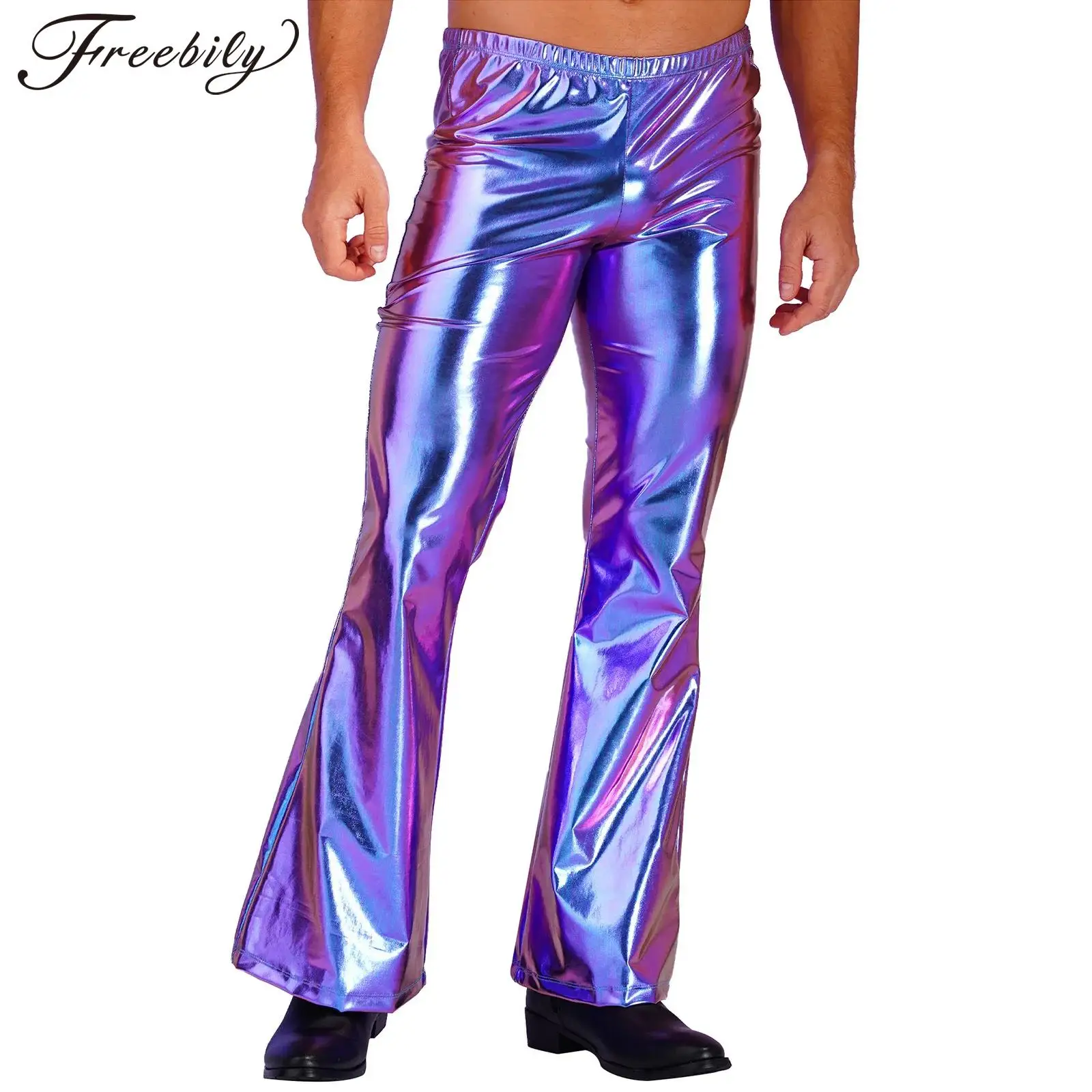 

Men's Flare Pants Shiny Metallic Flared Disco Pants Bell Bottom Long Pants Bar Clubbing Costume Trousers Men Flares Clubwear