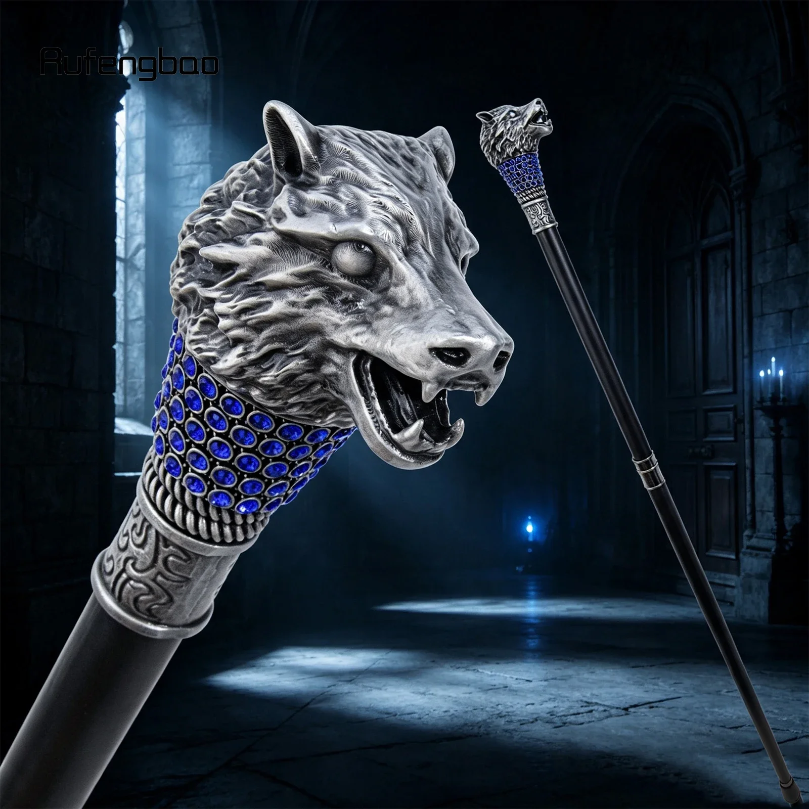 Golden Blue Wolf Head Decorative Stick Parties Decorative Cane for Halloween for Cosplay and Parties Cane 93cm