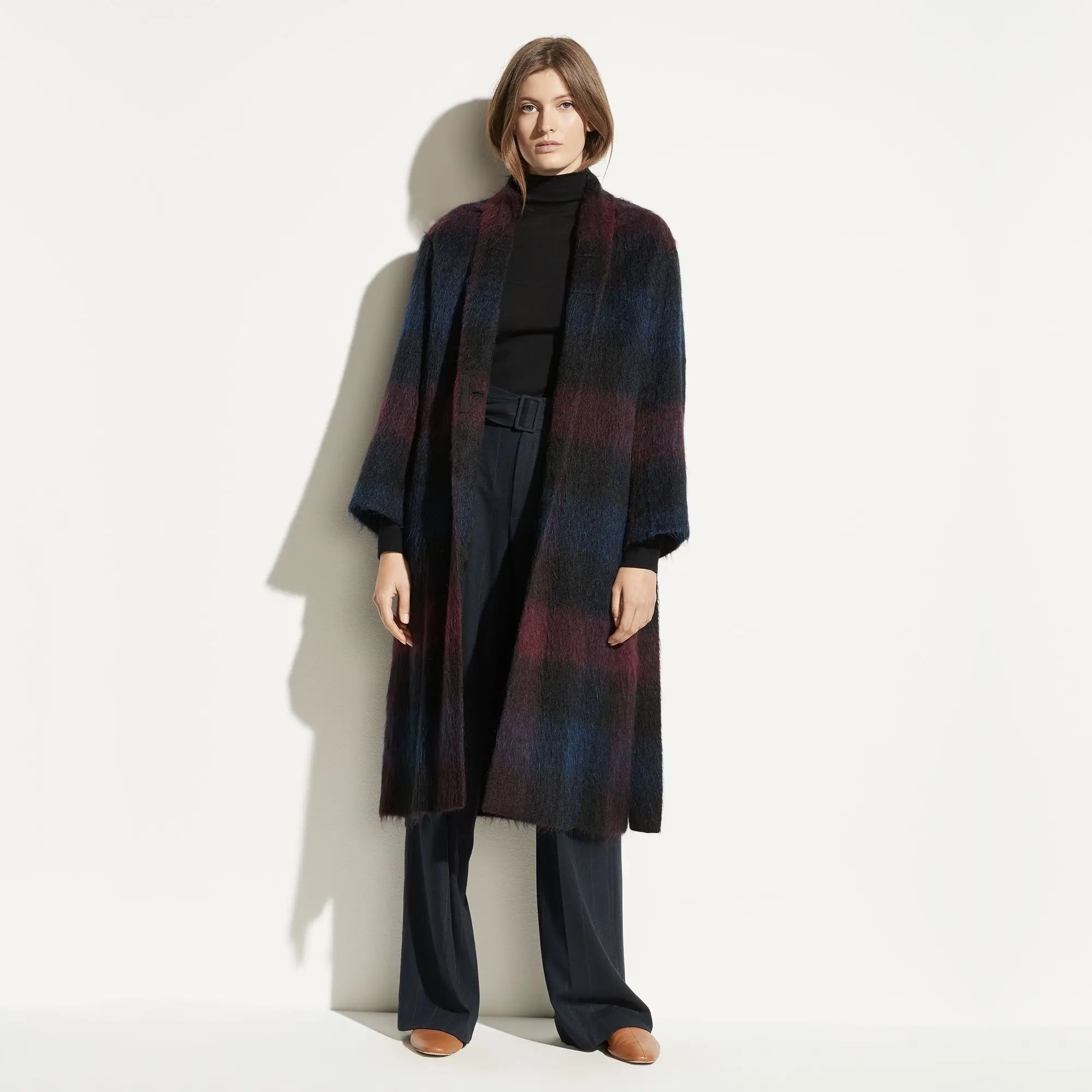 Extremely beautiful plaid~American thick Italian mohair wool long waistband women's coat