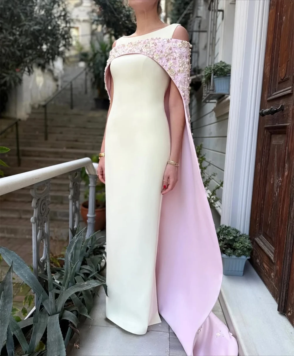 

Классическое бежевое атласное вечернее платье по индивидуальному заказу, вечернее платье с круглым вырезом и открытыми плечами, сексуальные прямые платья для выпускного вечера со шлейфом