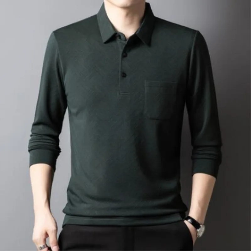 Men Elderly Long Sleeve Polo Shirt Lapel With Real Pocket Solid Color Casual Dad Top Daily Base T Shirt For Spring Autumn