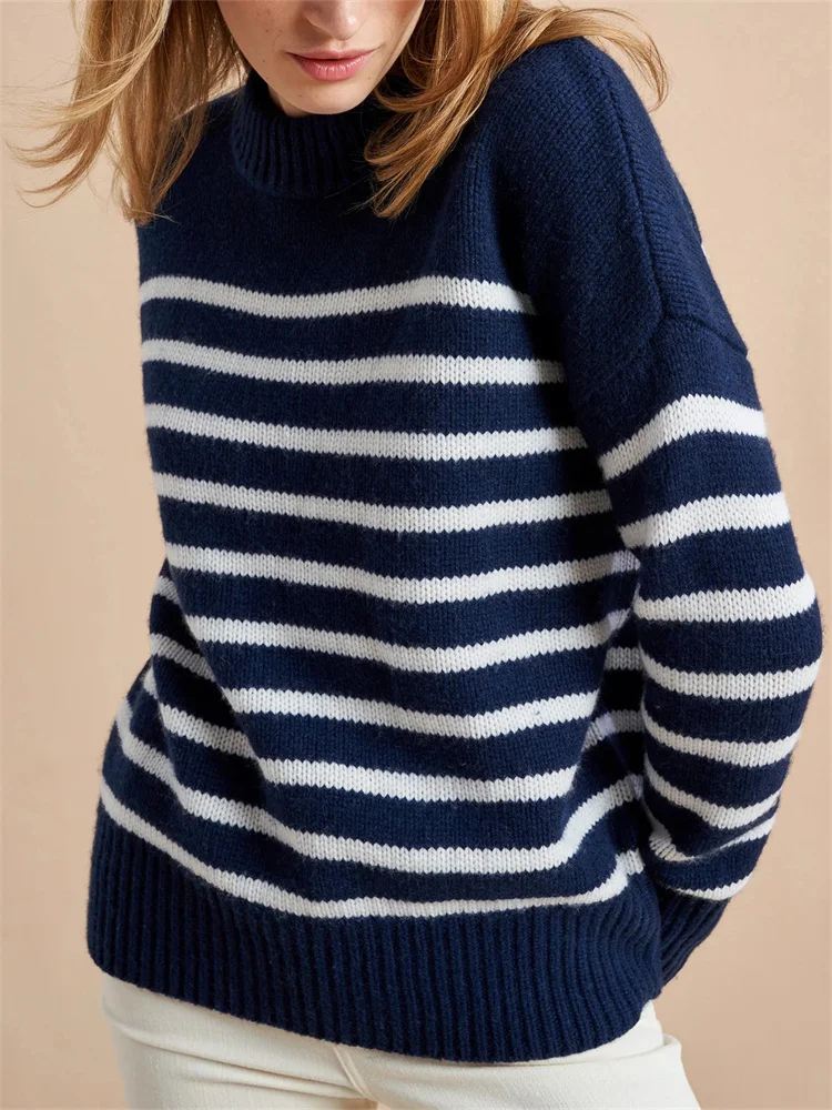 Navy Blue Stripe Knit Sweater Long Sleeve Drop Shoulder Knitting Pullovers Women Knitwears Tops Autumn Winter Knitted Sweaters