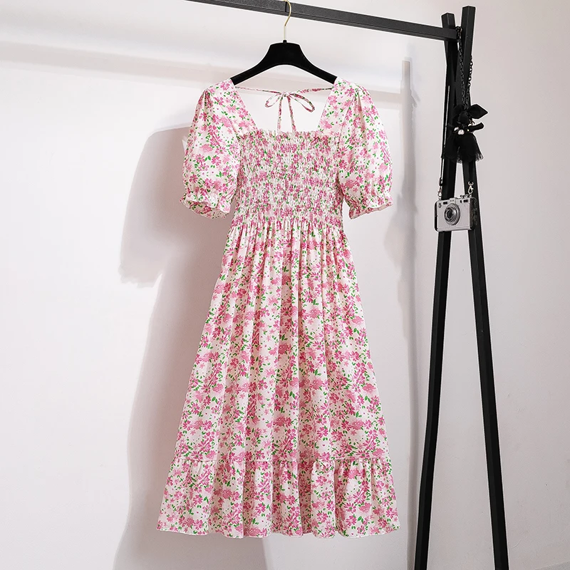 Vestido de Verano de Chifón con Plisados para Mujer, Casual para Playa y Vacaciones, Manga Corta, Cuello Cuadrado, Largo Medio, Bohemio 4