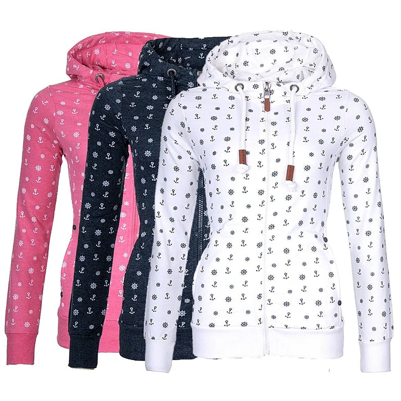 CUSTOM S-5XL Women Casual Long Sleeve Zip Up Hoodies Sweaters Printed Loose Drawstring Hooded Sweatshirts with Pockets