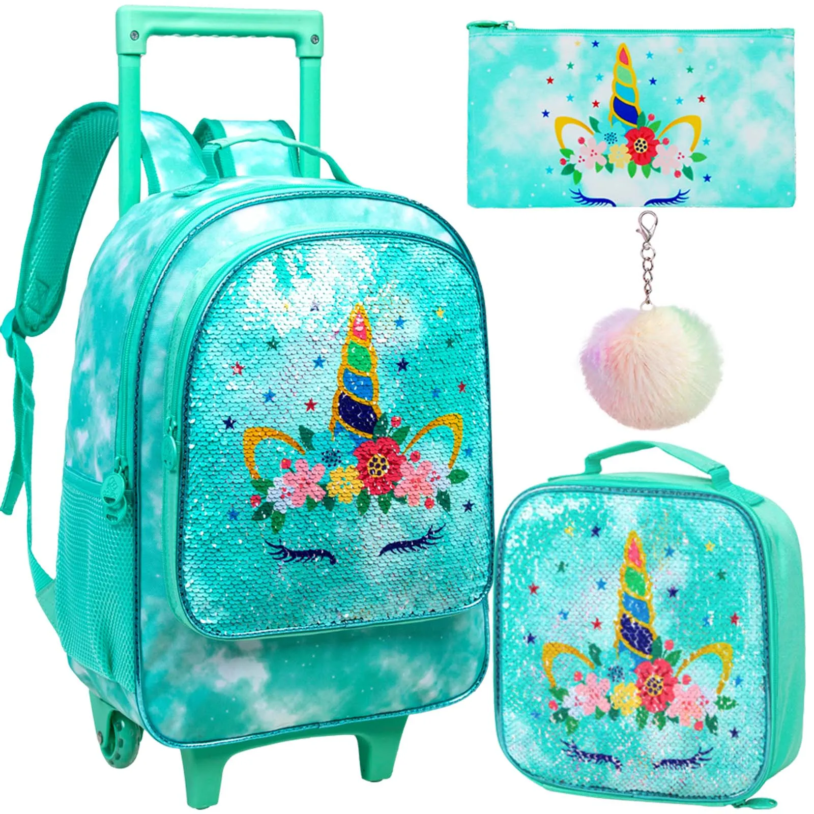 Rolling Backpack for Girls,Kids Unicorn Dinosaur Bookbag with Roller Wheels, Suitcase School Bag Set