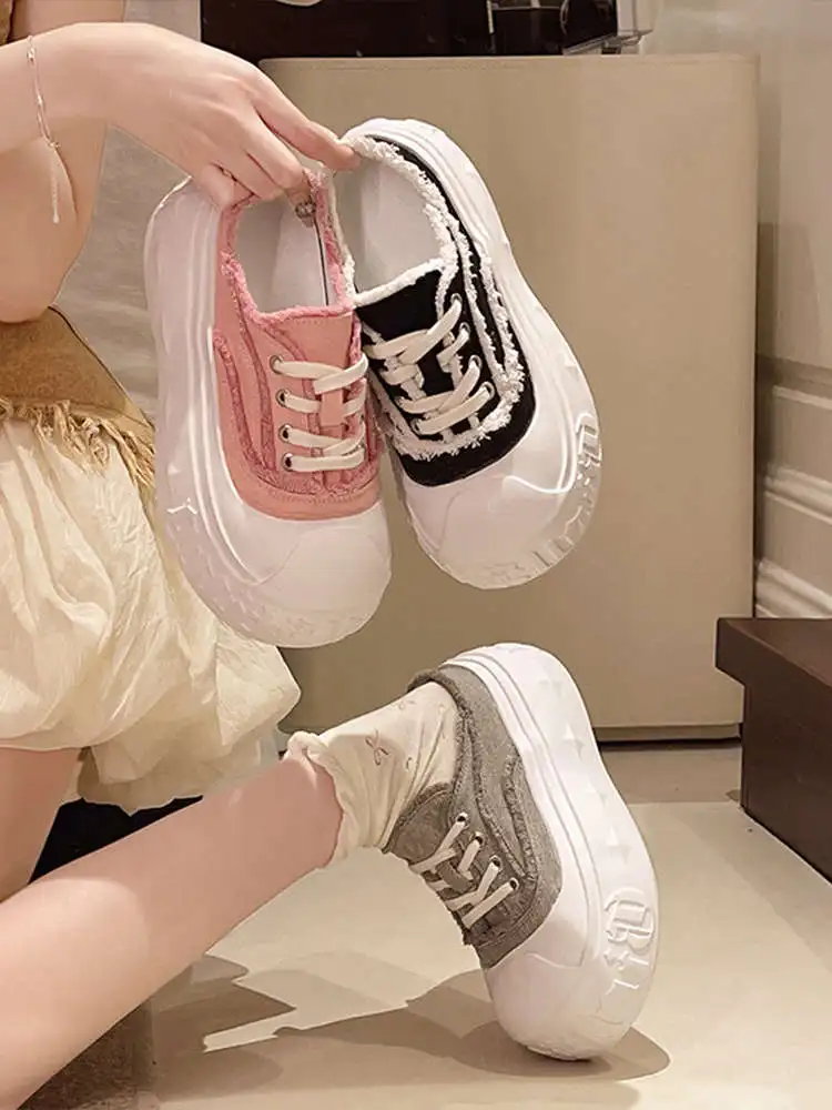 Spring 2026 Women's Denim Big Head Bread Shoes Platform Slippers Casual Thick Bottom Heightening Outdoor Slip-On Shoes