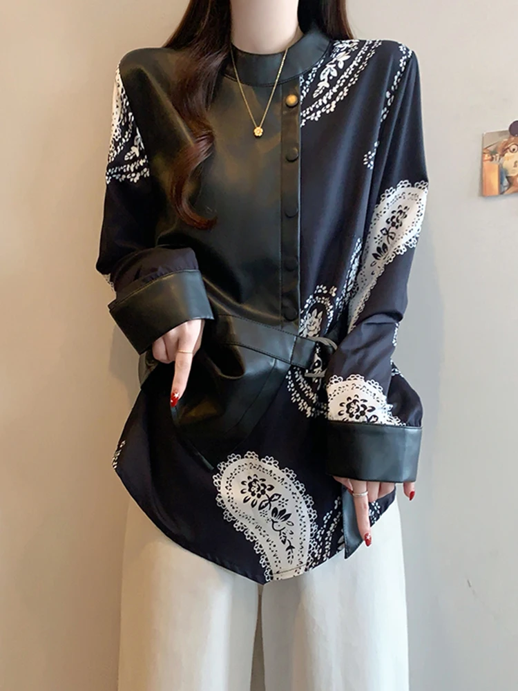 

Весенняя коллекция 2026: Женская приталенная блузка с воротником-стойкой, кожаной отделкой и поясом, в корейском стиле, для стройного силуэта