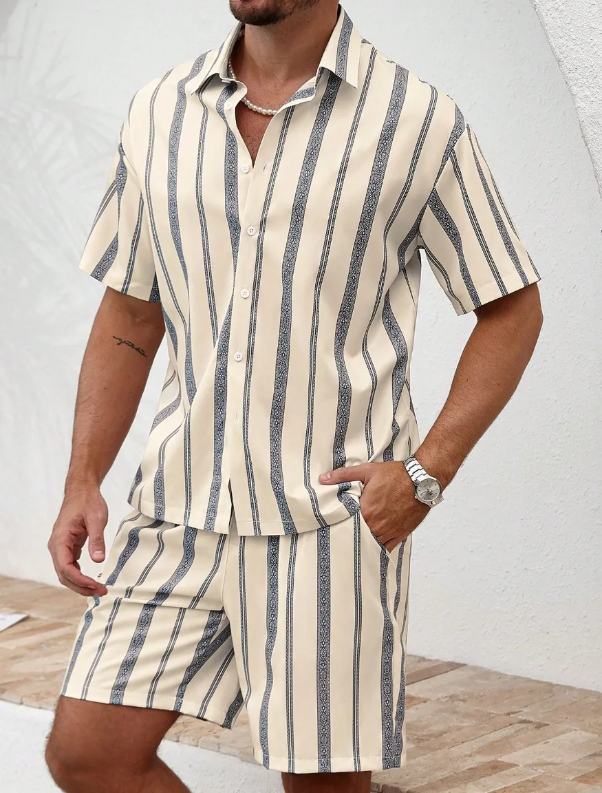 Striped Short Sleeved Shirt, Summer Men's Casual New Shorts Set
