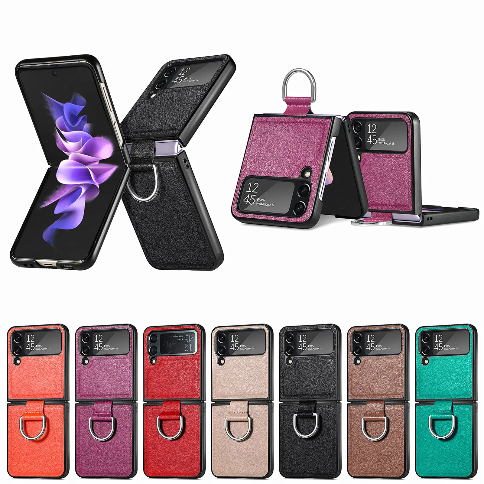 Slim Finger Ring Holder Leather Case for Samsung Galaxy Z flip7 FE Flip4 flip6 flip5 5G Flip 7 6 5 4 Flip3 Flip 3 Anti-Drop Bag