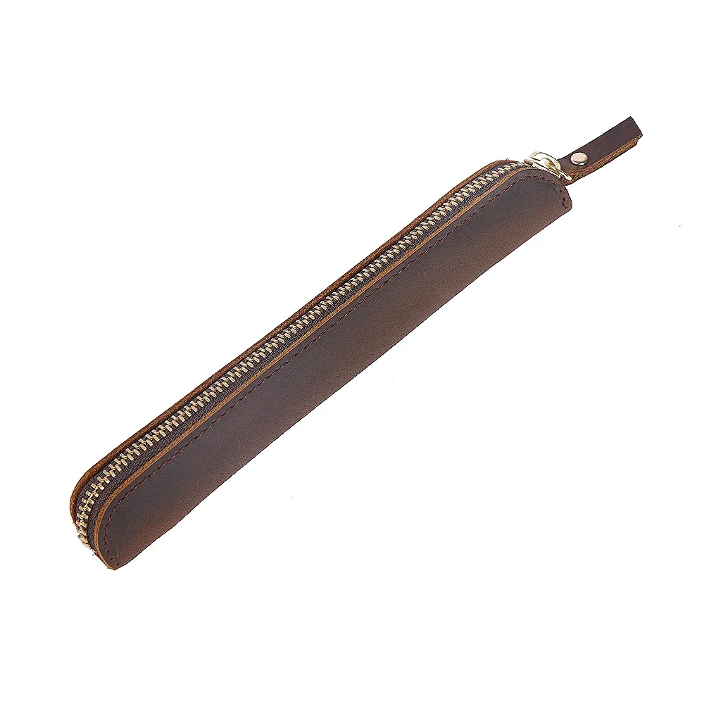 Genuine Leather Zipper Pen Bag Mini Small Pencil Case Apple Electronic Writing Pen Protective Sheath Creative Vintage Style