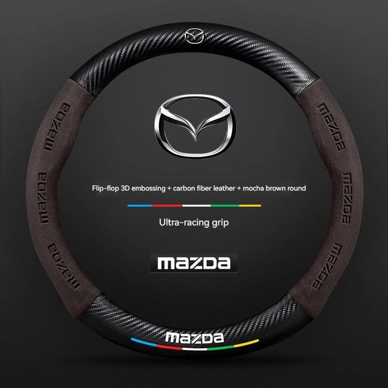 For Mazda 3 5 6 SKYACTIV Axela Atenza CX30 CX5 CX8 CX9 MX5 RX8 RX7 BT50 Carbon fiber Suede Car Steering Wheel Cover Accessories