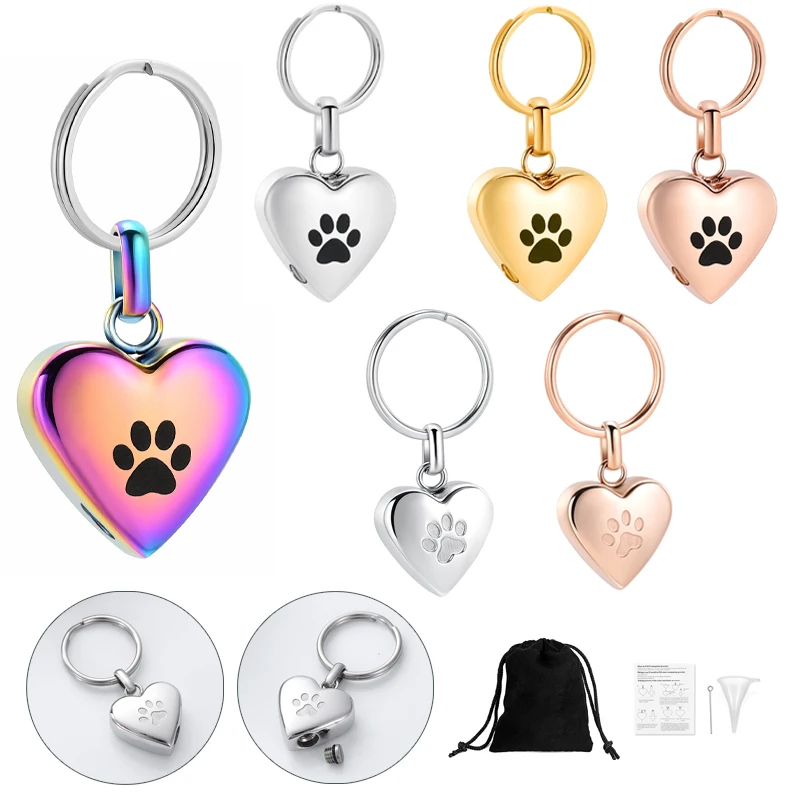 

Pet Paw Print Cremation Keychain Heart Ash Memorial Keepsake Pendant Urn Jewelry Stainless Steel