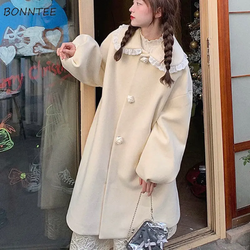 

Blends Wool Coats Women Kawaii Clothes Peter Pan Collar Temper Sweet High Street Korean Fashion X-long Aesthetics Preppy