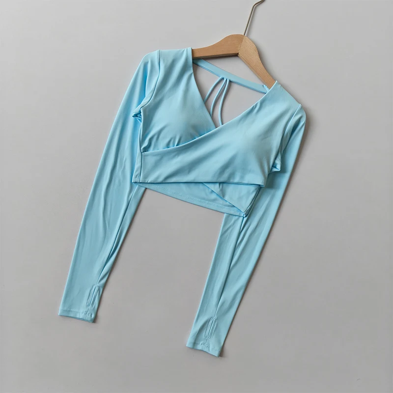 Damen Sexy V-Ausschnitt Langarm Yoga Sport T-Shirt Rückenfreies Schlankmachendes Gepolstertes Pilates-Oberteil Kurzes Sport-Top für Fitness-Shirt – Detail 5