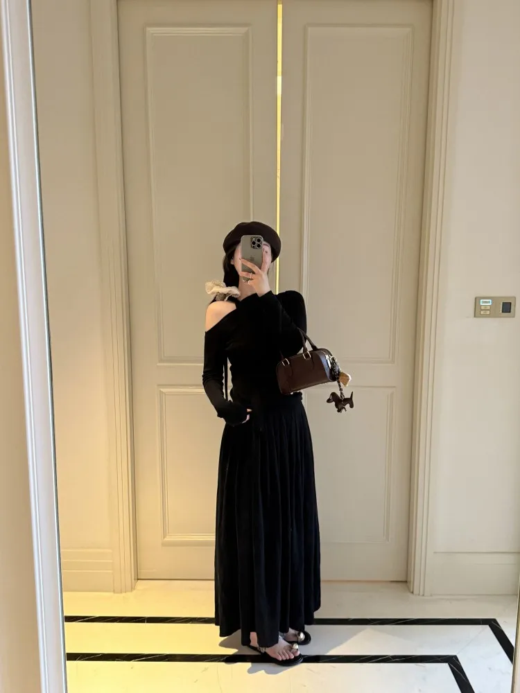 

FENG Sweet Pure Desire Long Sve Knitted Slim Fit oulder Bared Base irt Women's Spring Summer New Sle T-irt Top