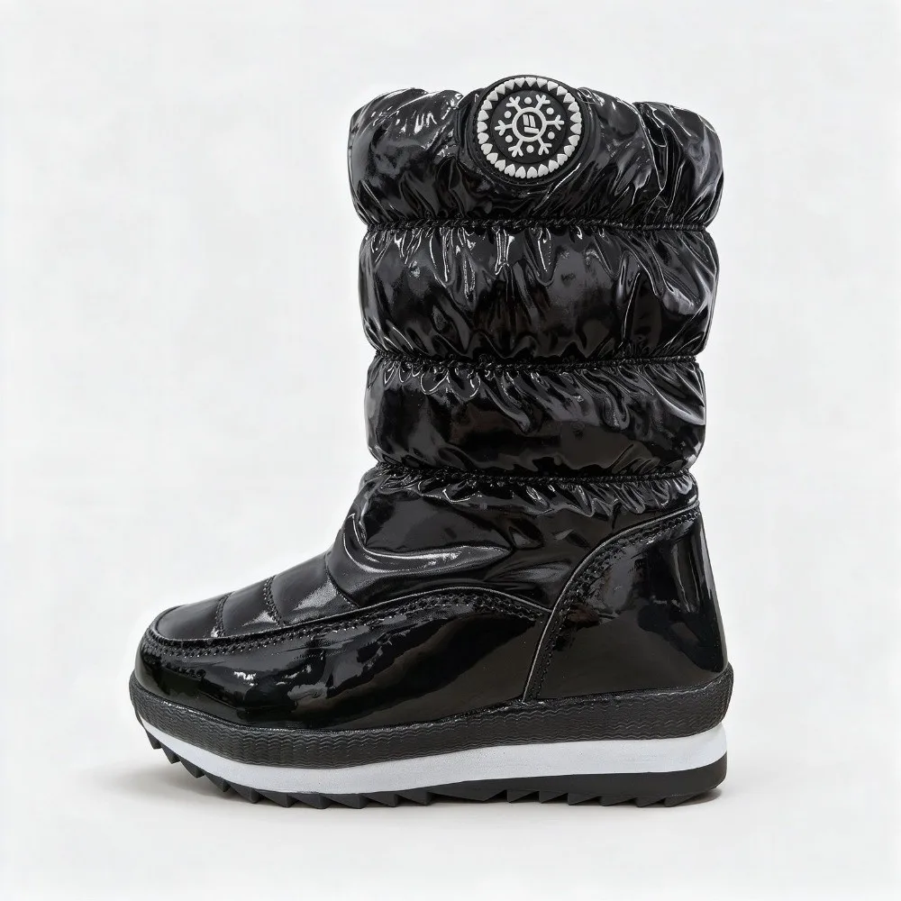 Cotton Shoes Glossy Snow Boots Waterproof Patent Leather Mid-Calf Snow Boots Warm Windproof Winter Shoes Winter