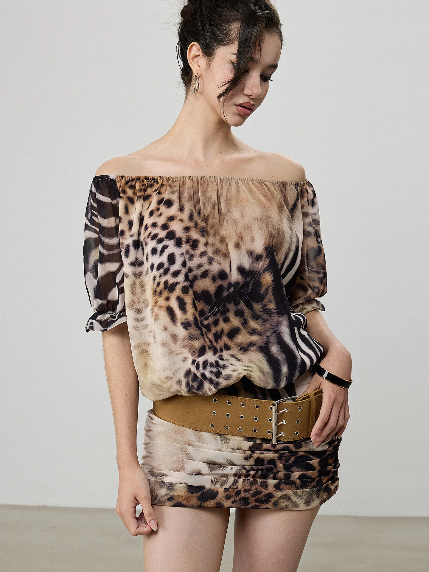 

AE30 Saint Retro Leopard Print Skirt One oulder Gown with Belt Viscose Chiffon Low Waist Fro Ci Walk Summer Dr