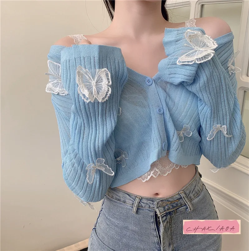 

Сексуальный кружевной короткий свитер на подтяжках с v-образным вырезом, осенний милый вязаный летний кардиган с бабочкой и длинными рукавами, солнцезащитный топ для женщин