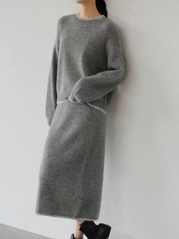 

Осенне-зимний женский комплект: свитер с круглым вырезом и длинными рукавами в стиле пэчворк и вязаная юбка с высокой талией, уличный стиль, для отпуска