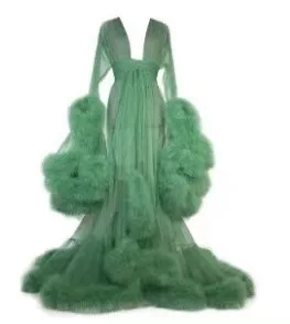 Sexy Feather Perspective Flared Sleeve Trailing Long Dress with Multiple Colors Available Mesh Women's Loose Pregnant Dress