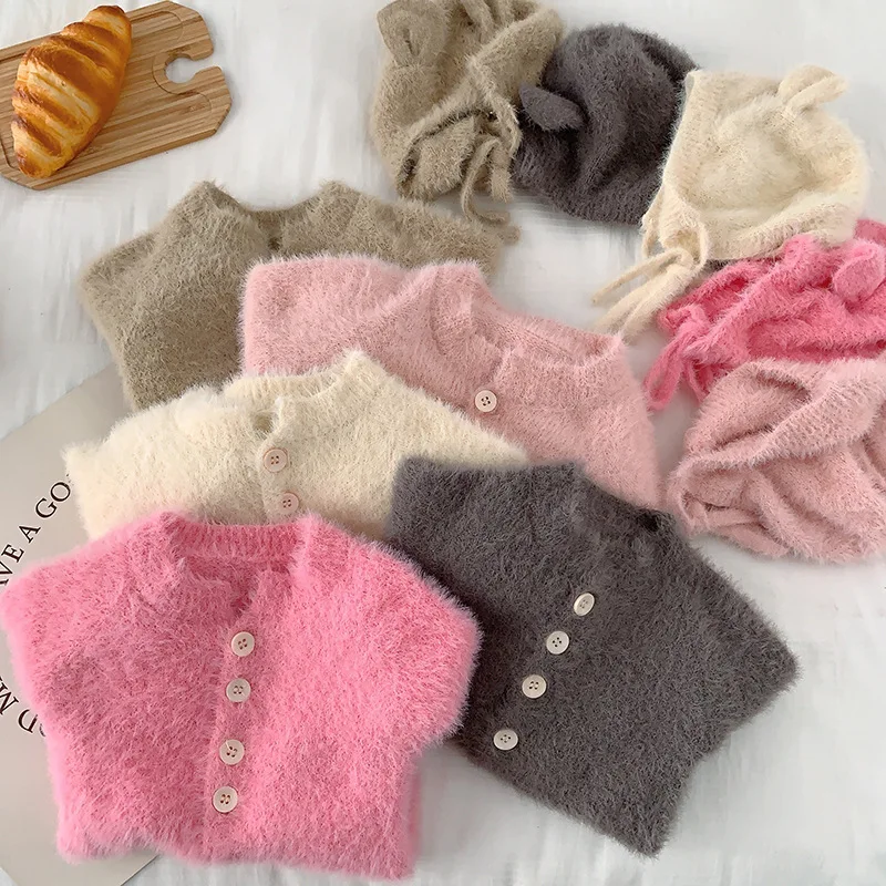 2024 Winter Nieuw in Kinderen Baby Meisjes Jongens Effen Kleur Nertsen Bont Outfits, peuter Baby Voetbindende Jumpsuits Pasgeboren Romper + Hoed