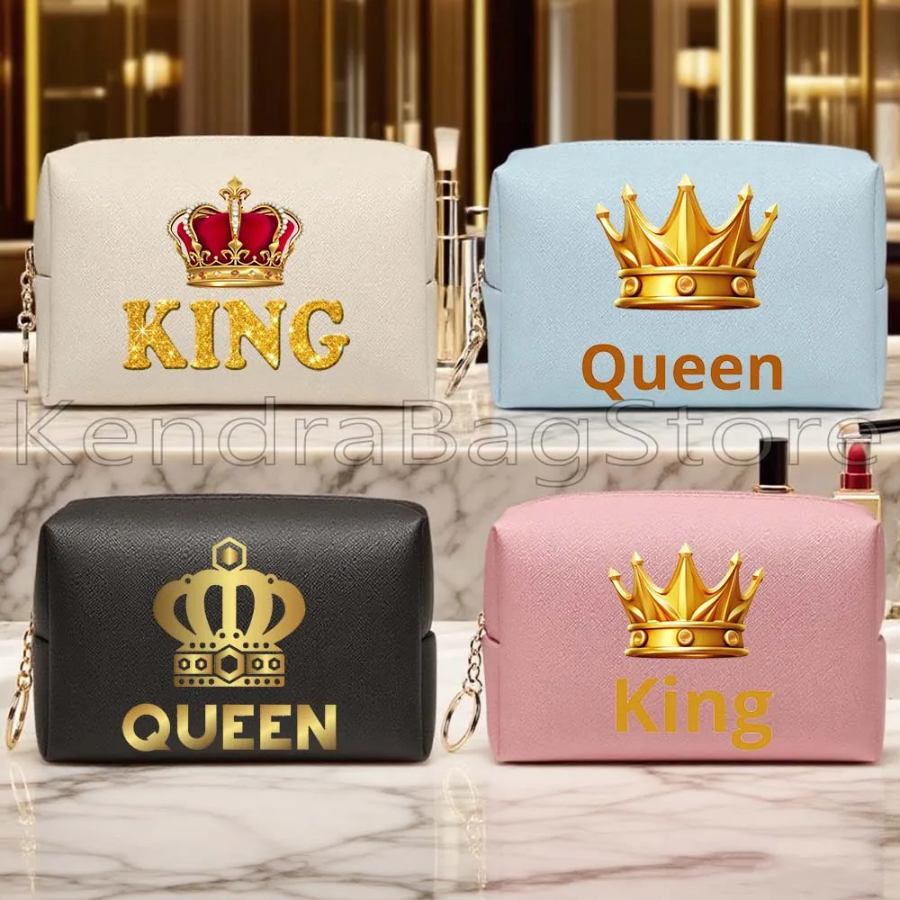 

Cute King and Queen Crowns Castle Gifts PU Leather Black Cosmetic Bags Makeup Case Waterproof Toiletry Organizer Storage Bag