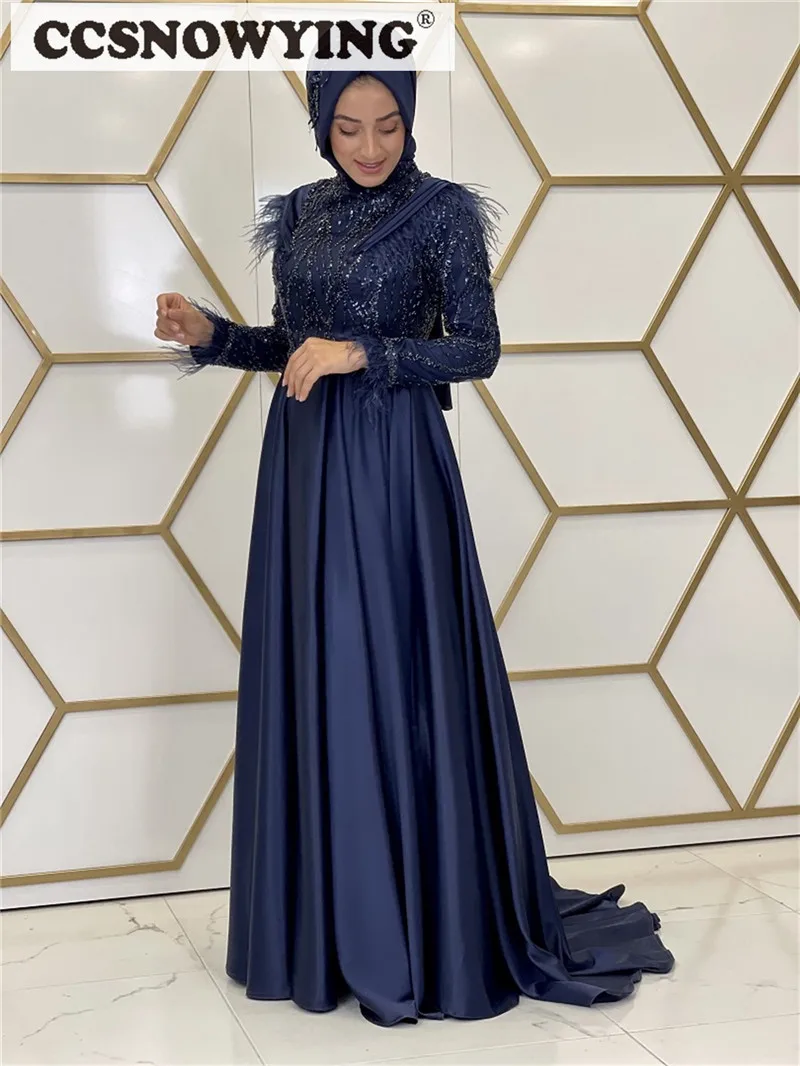 

Темно-синие мусульманские Вечерние платья с бисером и перьями, исламский хиджаб с длинным рукавом, платья для официальной вечеринки, Арабский кафтан, платье для вечеринки