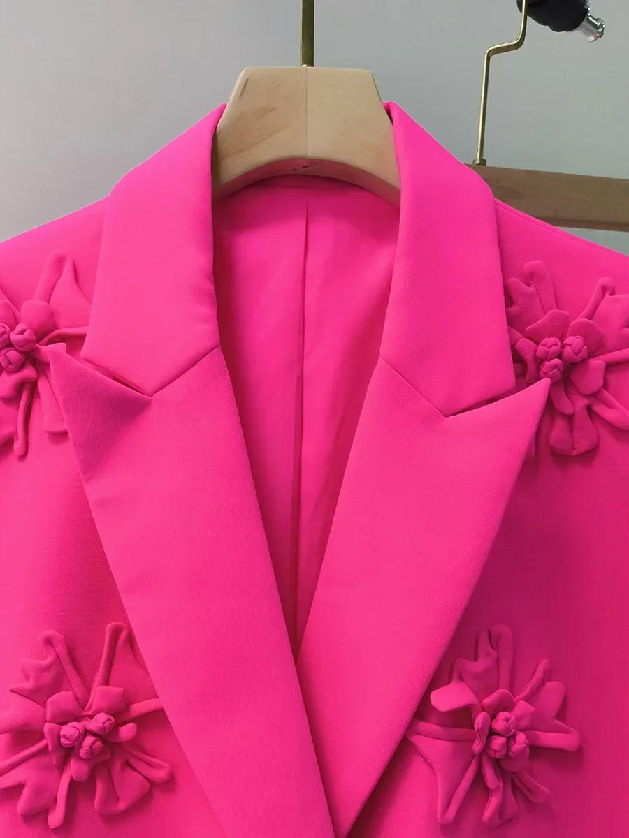 Blazer feminino chique solto rosa, manga comprida, roupas femininas com seios duplos, patchwork de flores 3D, jaqueta feminina, casaco da moda, 2023