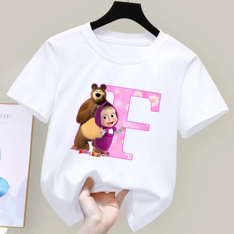 Masha und der Bär, niedliche T-Shirts, Cartoon-Anime-Muster, Buchstabe A-Z, bedrucktes T-Shirt, Sommer, bequem, atmungsaktiv, kurze Ärmel