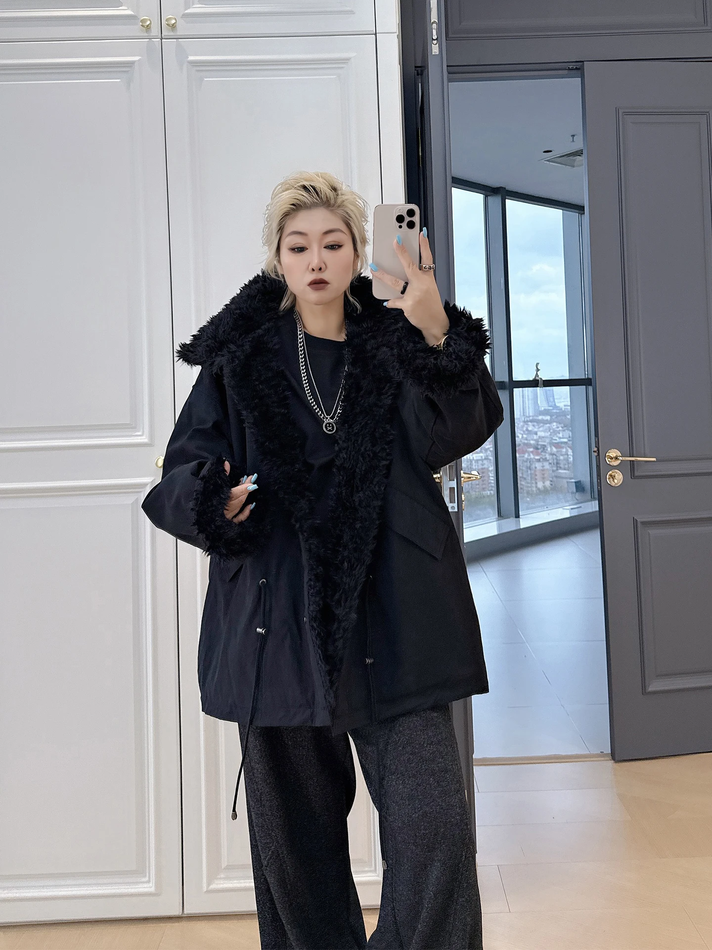 

Теплая пушистая куртка-парка большого размера для женщин, с воротником-стойкой, регулируемой талией, повседневная, для полных фигур