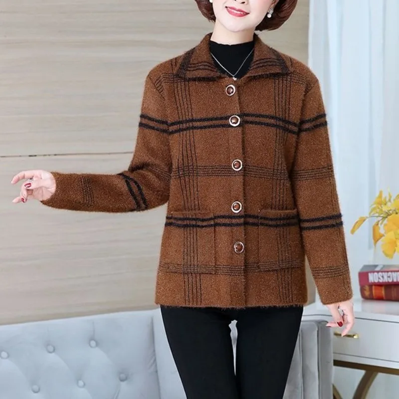 

Women's Square Collar Long Sleeve Button Pockets Thicken Autumn and Winter Knitwear Striped Cardigan Sweater Office Lady Tops