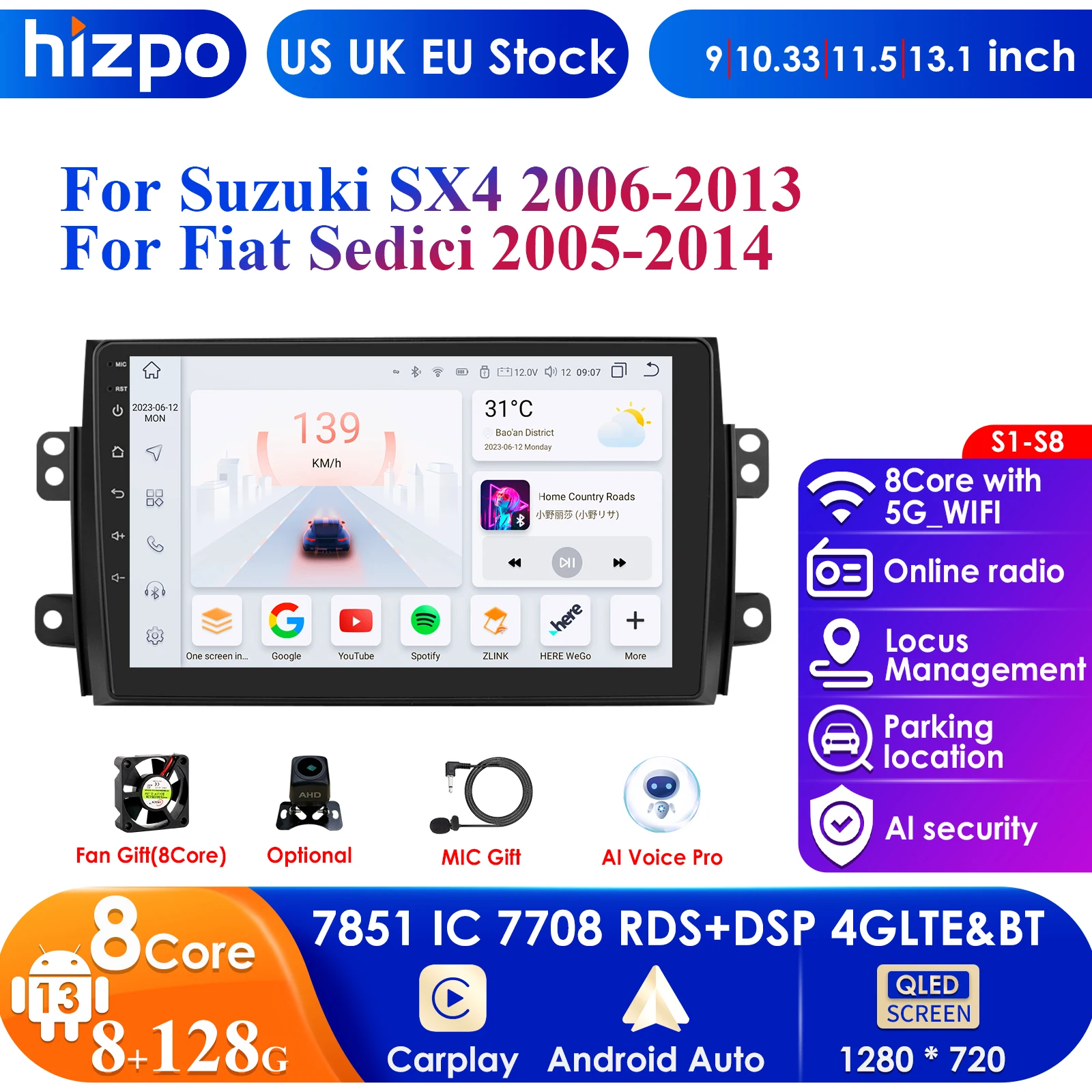 Android 13 Car Radio for Suzuki SX4 2006-2013 Fiat Sedici 2005-2014 Multimedia Video Player Navigation 2din Carplay Stereo Audio