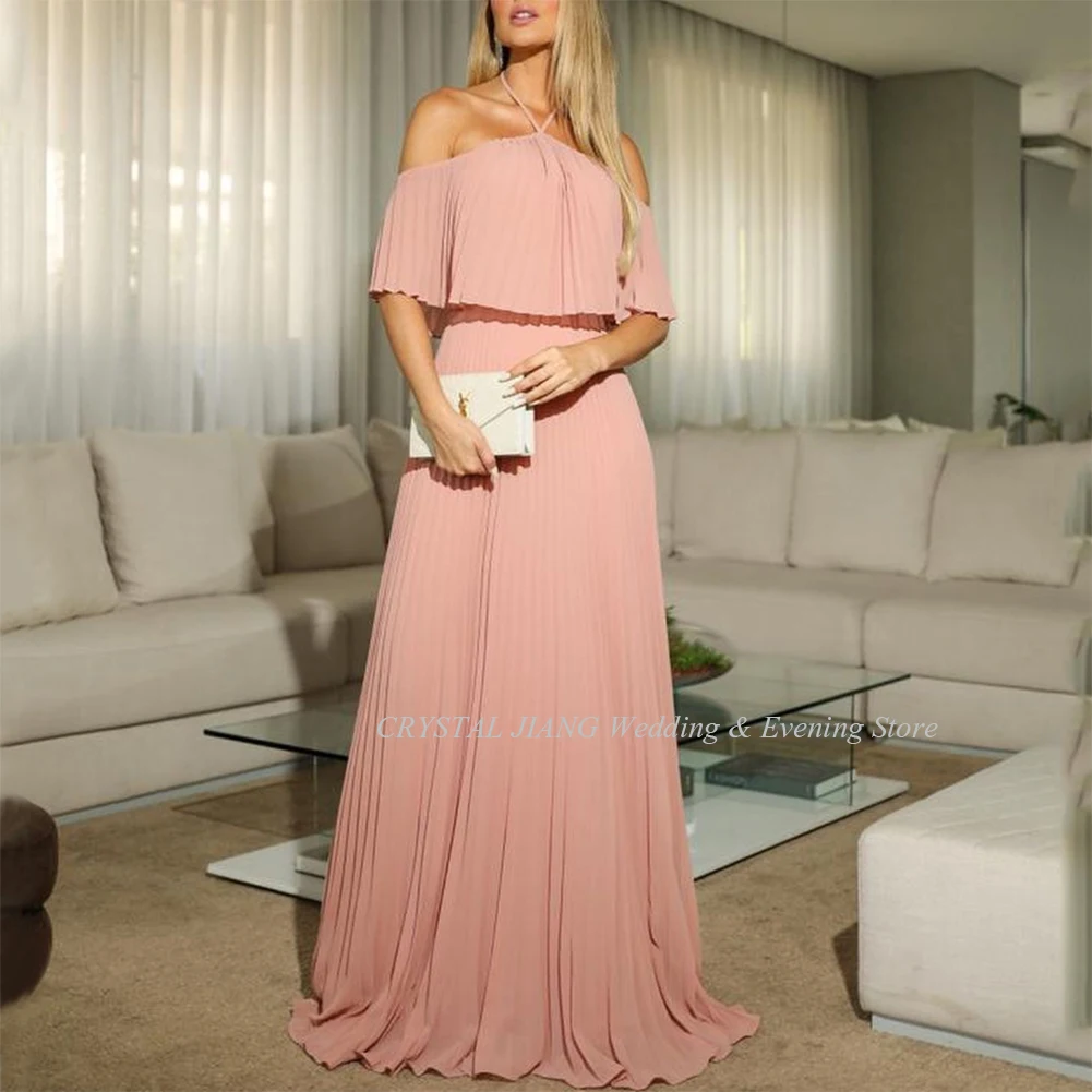 

Halter Blush Pink Chiffon Ruched Long Party Gown Custom Made Simple Prom Dresses 2023