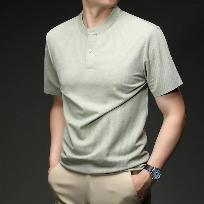 2026 New Men's Single Button Henley Neck Tee Comfortable Textured Fabric Short Sleeve For Casual And Business
