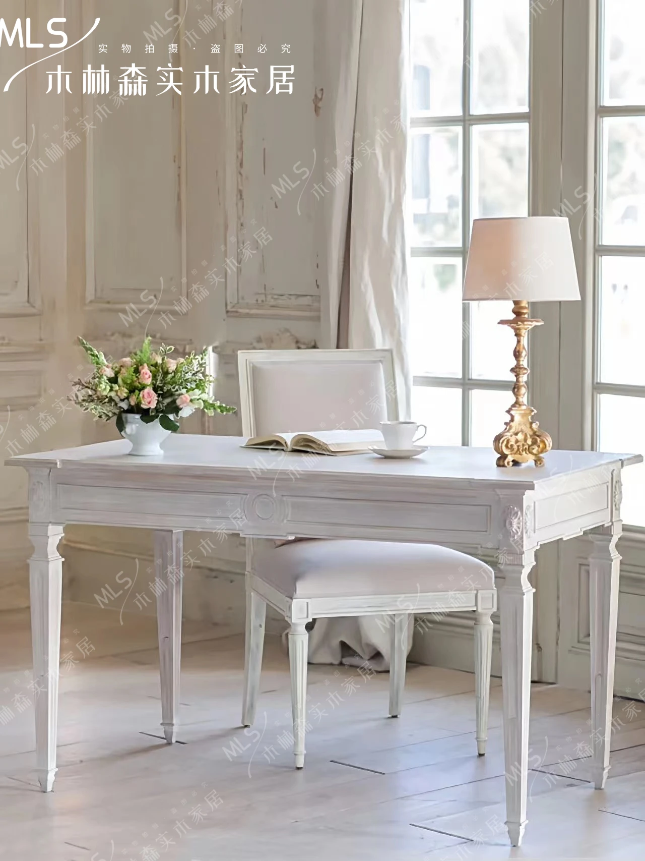 Escrita retangular retro mesa e cadeira, madeira maciça, estudo Home