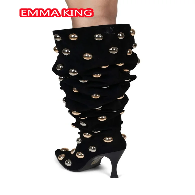 New Fashion Revits Knee High Boots Women 2024 Black Patent Leather Pointed Toe Nails Slip On Winter Boots Female Party Runway 44