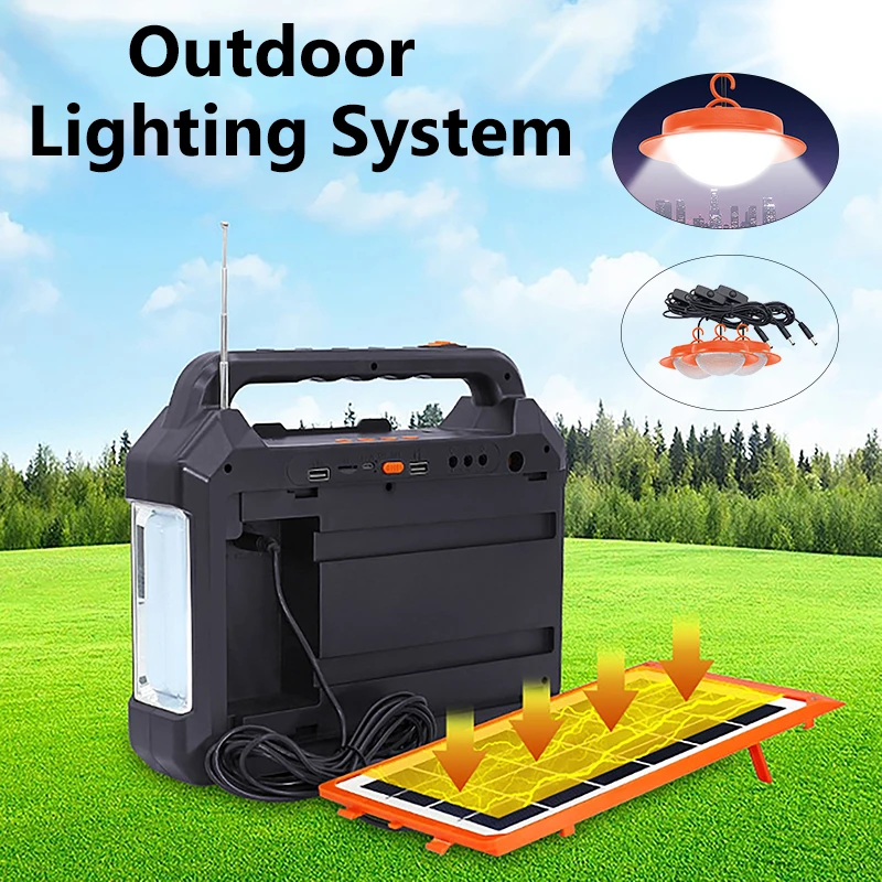 Portable Outdoor Solar Lighting Power Generation System Solar Panel Light Speaker Multi-function Supply with 3pcs Bulbs