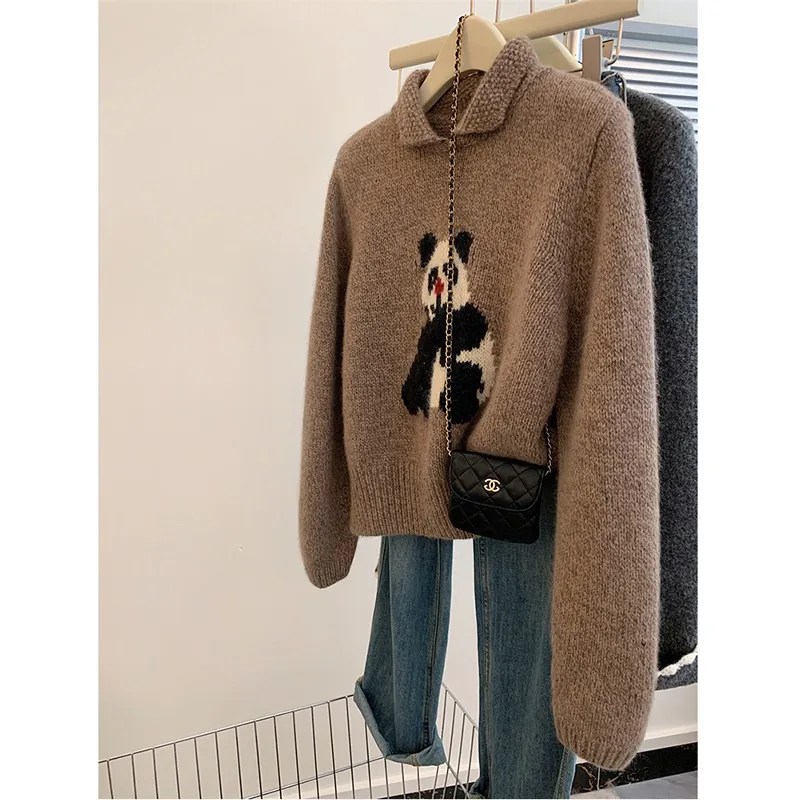 

2024 New Arrival Autumn Women Turn-down Collar Long Sleeve Pullovers All-matched Vintage Print Soft Knitted Sweaters V158