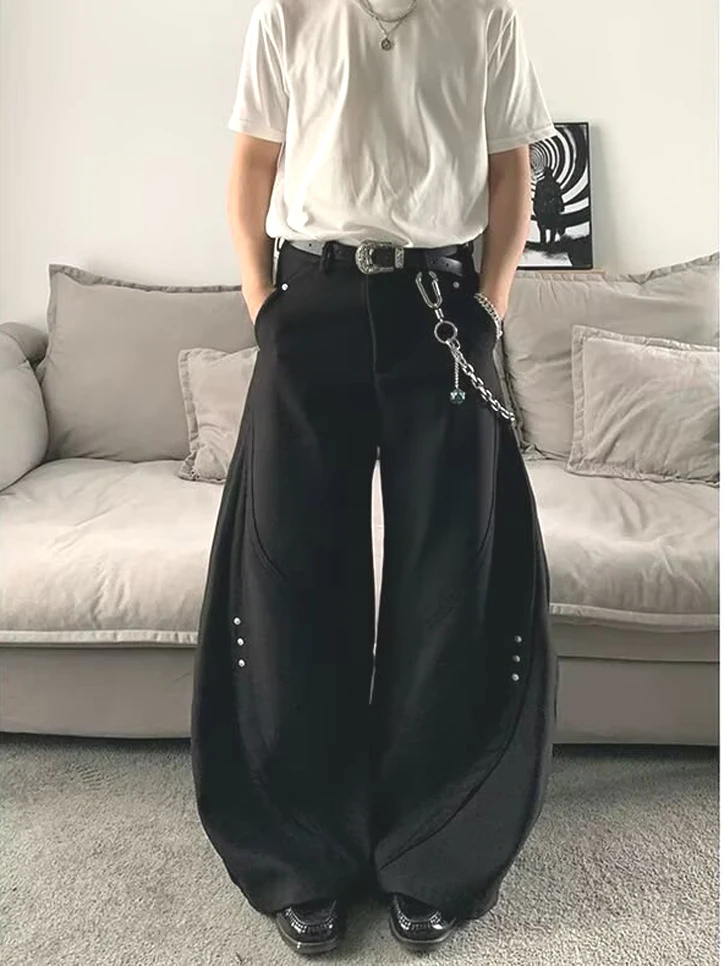 American Style Patchwork Rivet Knife  Men's Loose Wide Leg Pants Dad Style Lantern Trousers Casual Fashion Youth Style