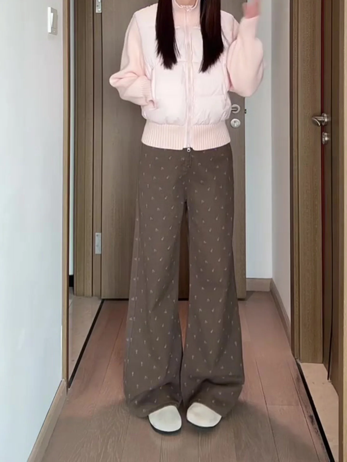 

Cocoa Brown Wide Leg Jeans Women's Loose Style Water Washed Floral Print Slim Fit Denim Pants Spring Summer New Arrival