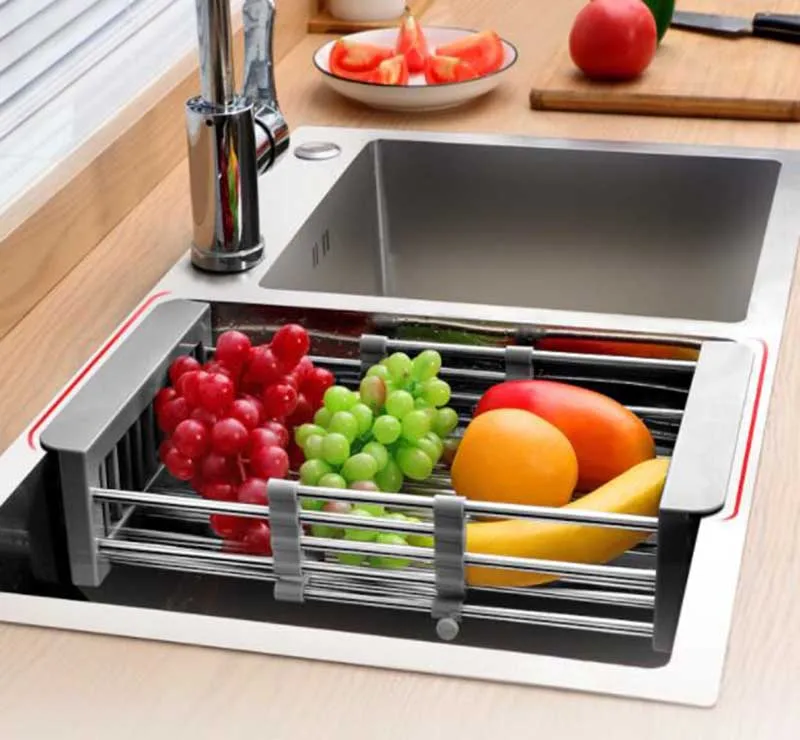 

Adjustable Dish Drainer Fruit Vegetable Drainer Stainless Steel Sink Drain Dish Rack Kitchen Tableware Drain Basket Rack Storage