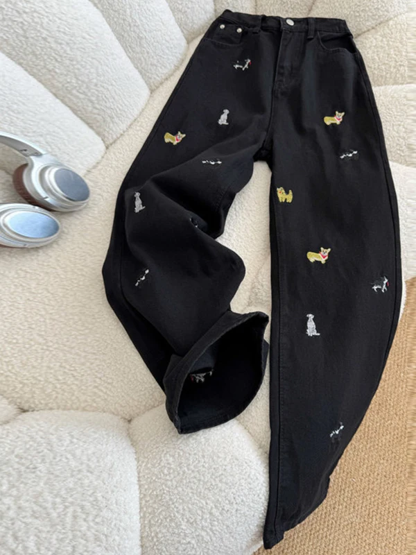 

Fun Embroidered Wide Leg Denim Jeans High Waist Straight Cut Loose Slimming Spring Autumn plus Size Women's Jeans Casual Wear