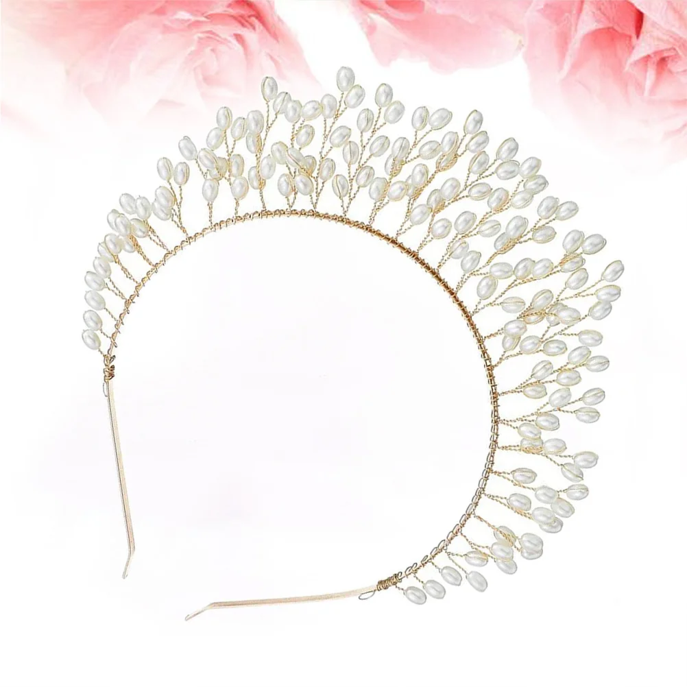 عصابة رأس على شكل تاج الزفاف من اللؤلؤ الاصطناعي الذهبي، طوق شعر مبالغ فيه للحفلات خفيف الوزن، رباط شعر على شكل تاج الزفاف #3